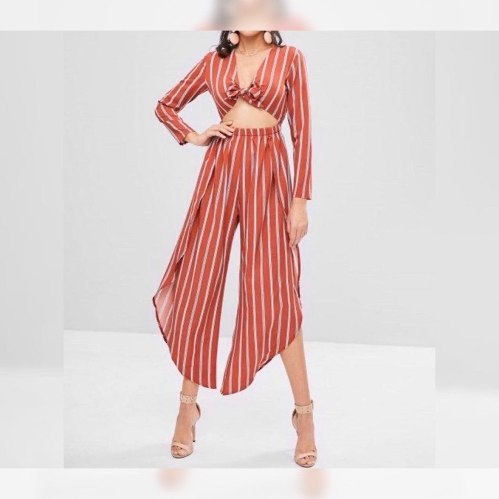 Overlap Stripes Tie Front Jumpsuit